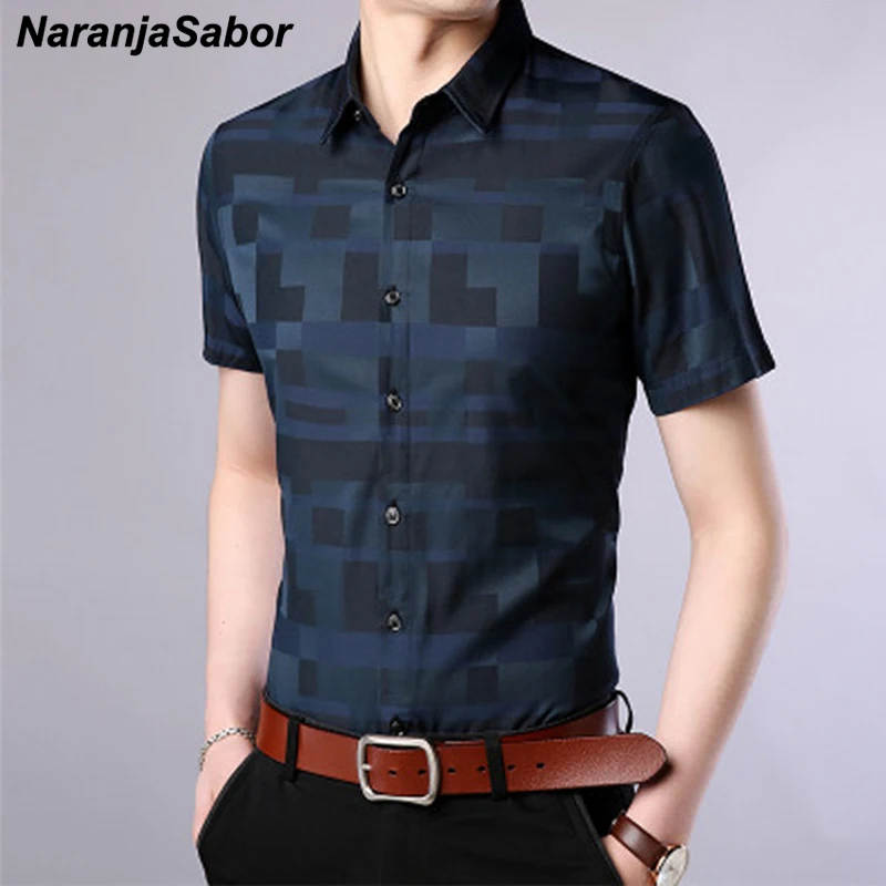 NaranjaSabor новые летние весенние модные мужские рубашки в клетку приталенная рубашка с коротким рукавом Мужская блузка брендовая одежда 4XL N561