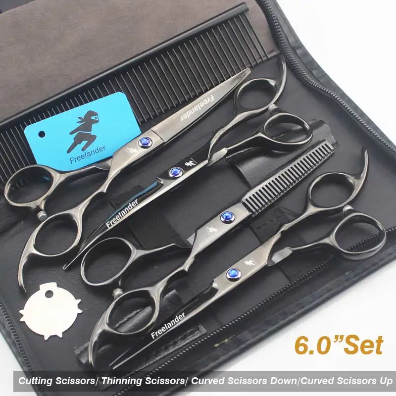 6.0inch professional scissors dog pet grooming polishing tool animal hair Cutting Scissors and Double tail curved scissors - Color: Black Set