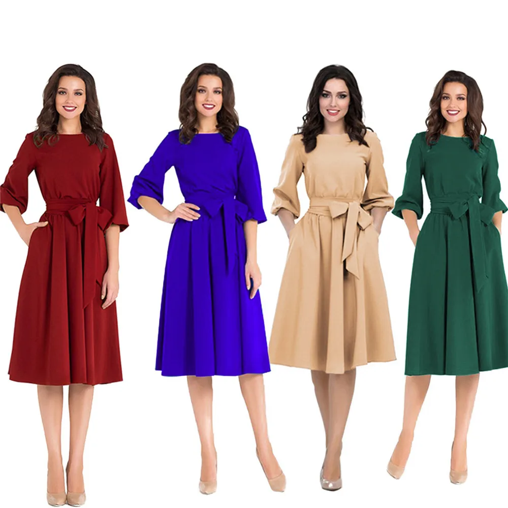 

2020 Autumn Women Dress Solid Color High Waist A Line Ladies Midi Dresses Casual Puff Sleeve Vintage Dress Women bandage dresses