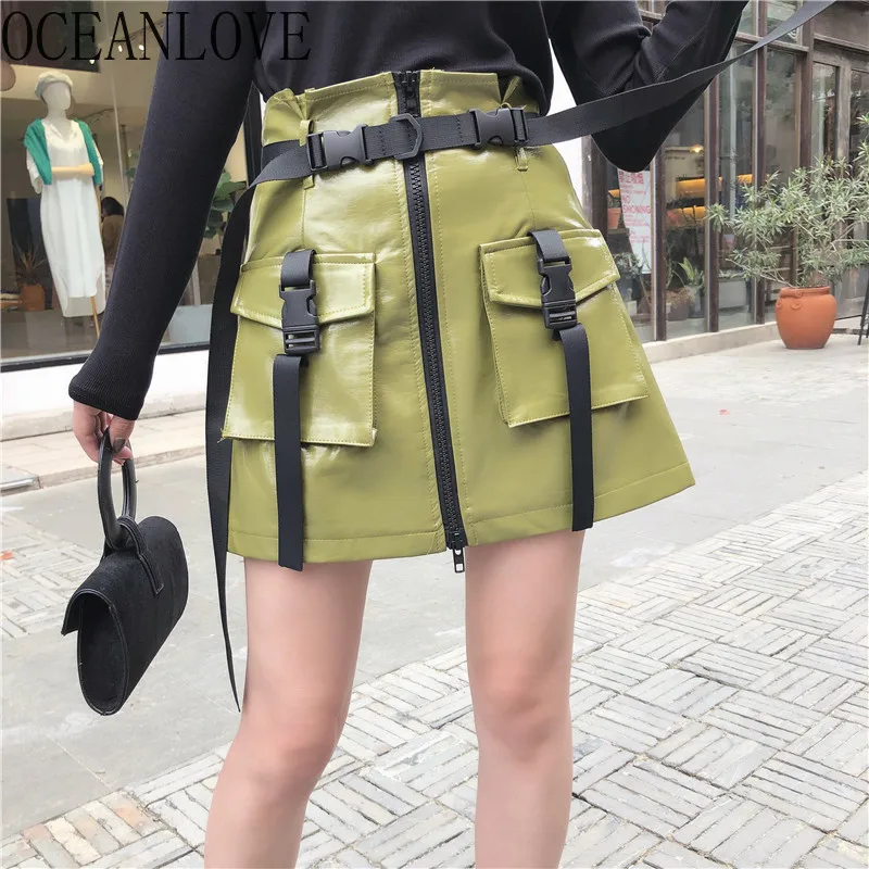 OCEANLOVE PU Прочные юбки Mujer Moda трапециевидные с высокой талией и карманами женские юбки осень зима Высокая мода мини юбки 13168