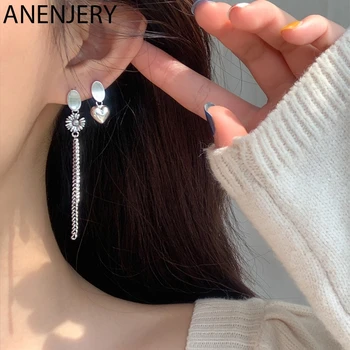 

ANENJERY Sweet Handmade Thai Silver Color Daisy Heart Asymmetrical Tassel Earrings For Women Girls Korean Jewelry S-E1254