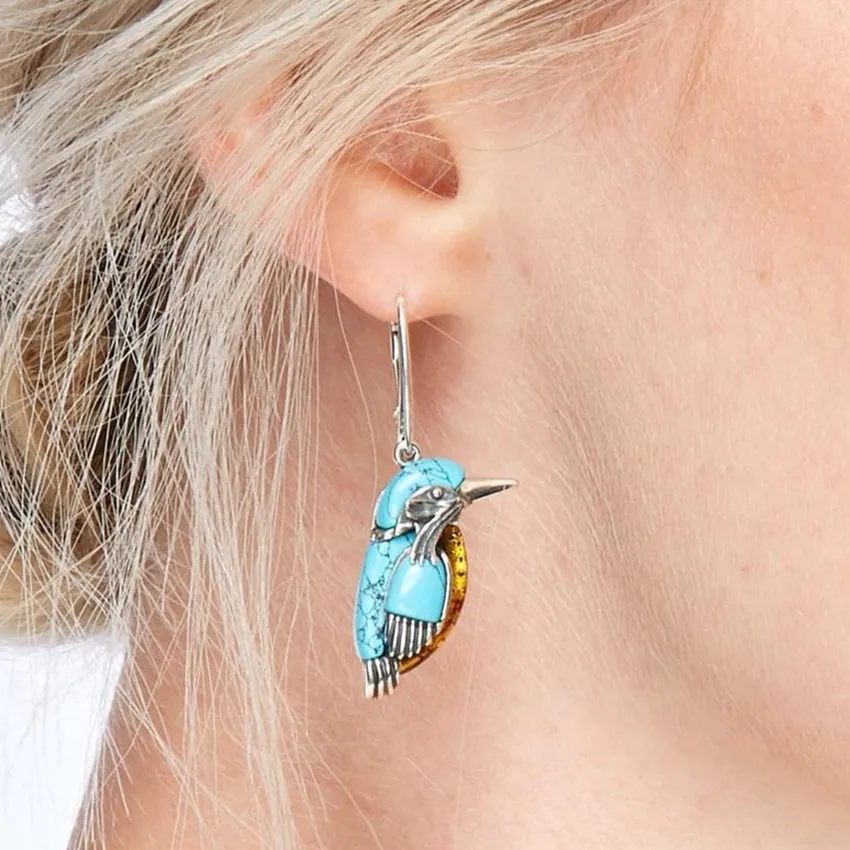 

10 Pairs Silver Plated Alloy Lovely Bird Shape Green Turquoises Stone Dangle Earrings for Women Animal Jewelry