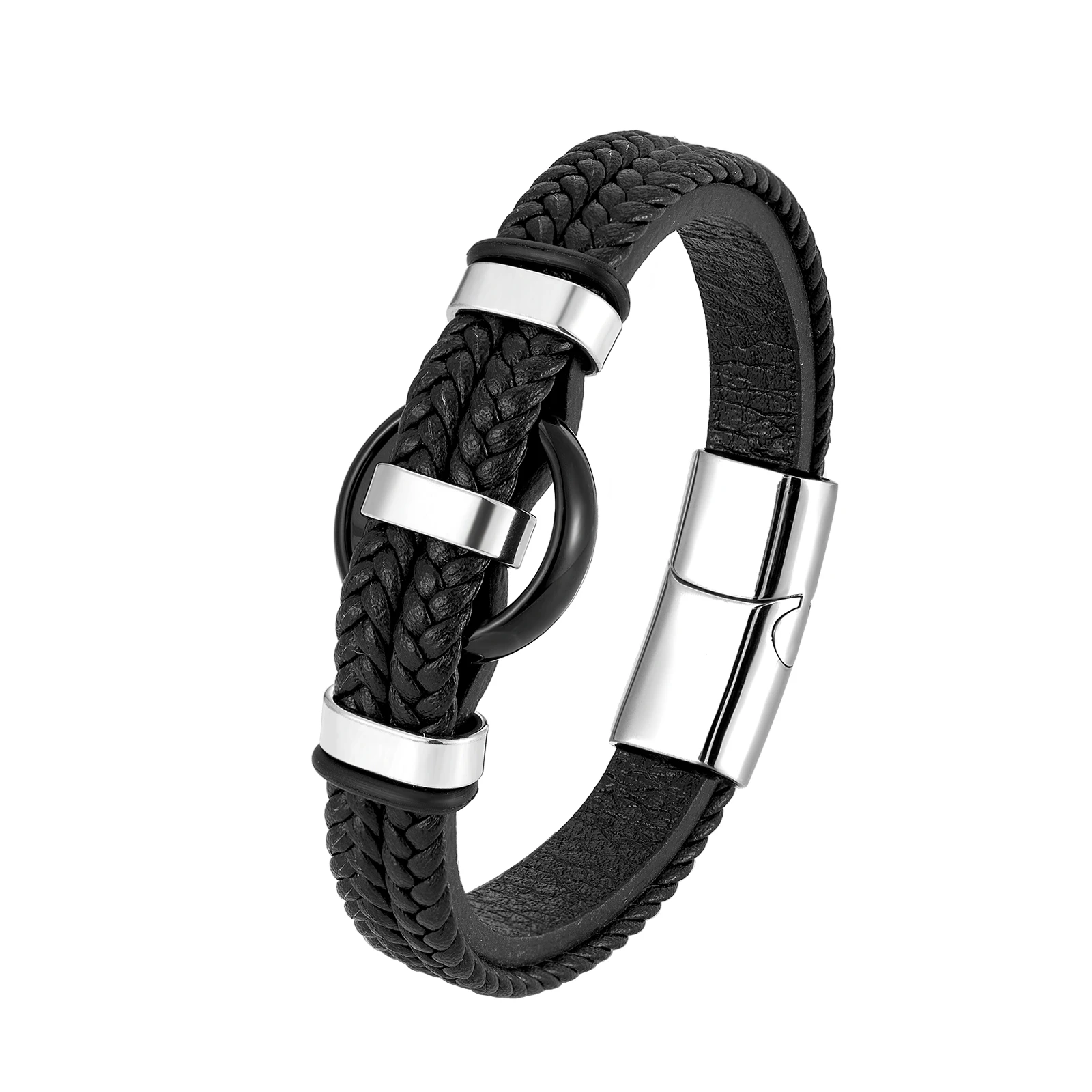 New Circle Natural Black Agate Charm Jewelry Bracelet 3 Wavy Design Leather Rope - Image 4