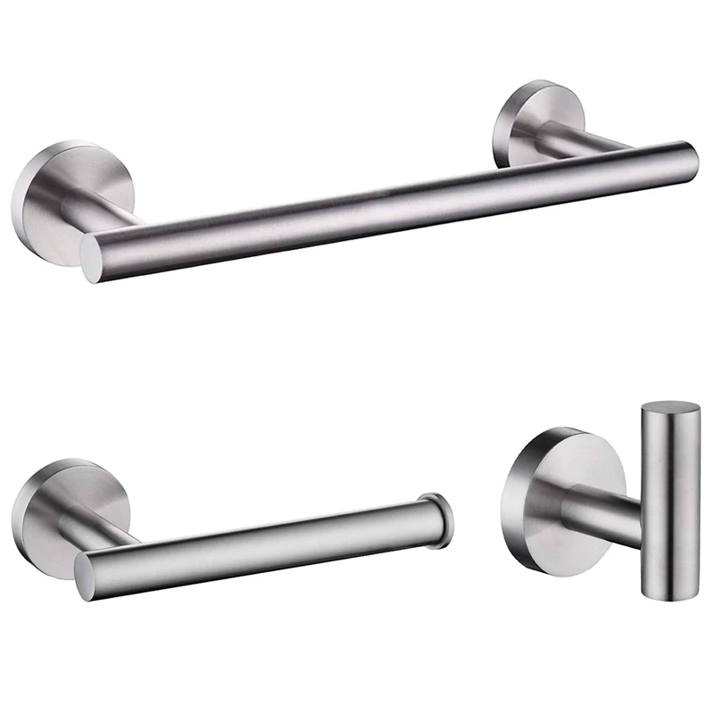 3 Pieces Set Bathroom Hardware Stainless Steel Round Wall Mounted- Includes Hand Towel Bar, Toilet Paper Holder, Robe Towel Hoo