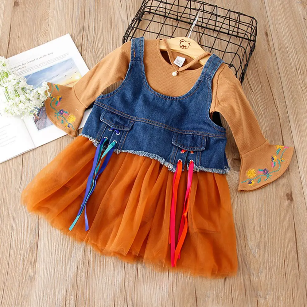

Fashion Autumn Mesh Ball Gown Dress Vestidos For Girls Princess Children Kids Baby Long Sleeve Dresses Tassel Waistcoat S9545