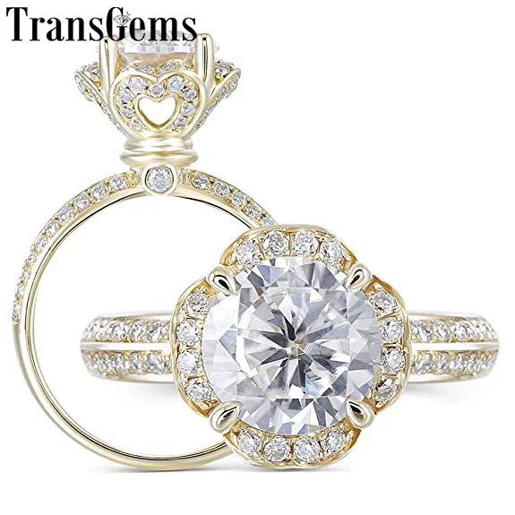 Роскошное кольцо в форме цветка, 14 K, желтое золото, 2ct, 8 мм, F, цветное обручальное кольцо для женщин, свадебный подарок с акцентами
