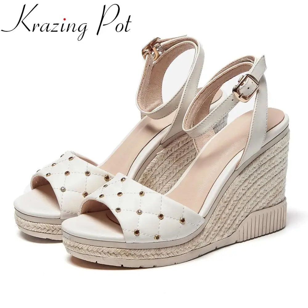 

Krazing pot interstar genuine leather peep toe super high heels straw shoes rhinestone buckle straps fashion summer sandals L12