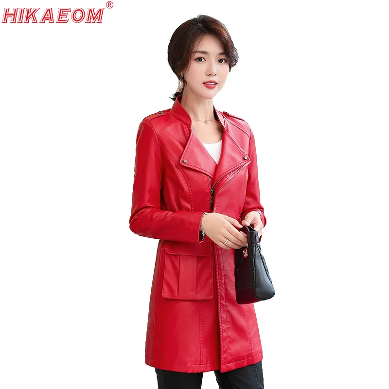 

Oversize Women Faux Leather Long Coats Stand Collar Big Pockets Zipper Long Sleeve Slim Leather Trench Jaqueta De Couro Feminina