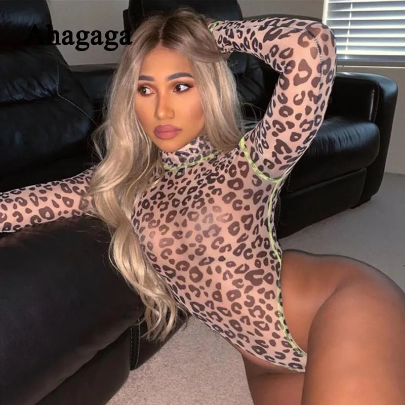 2019 Осенние сексуальные леопардовые сетчатые боди для женщин с модным принтом