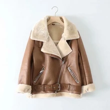 Faux Leather Jacket Women Wool Liner Zipper Ladies Biker Jackets with Belt Autumn Winter Sheepskin Casual Coats for Female