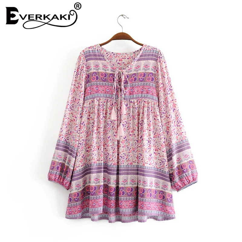 Everkaki Boho печати Мини платья женские кисточки шеи завязываются с длинным рукавом