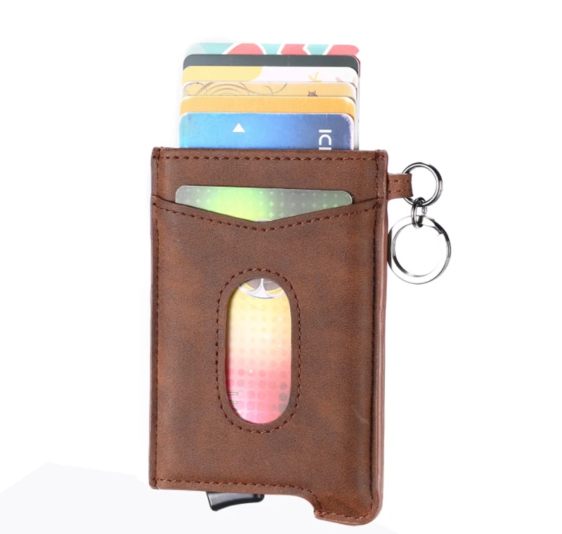 Vintage Cowhide Leather Business Smart Wallet RFID Card Holders Slim Antitheft Security ID Holders Aluminum Box Pup Up Card Case