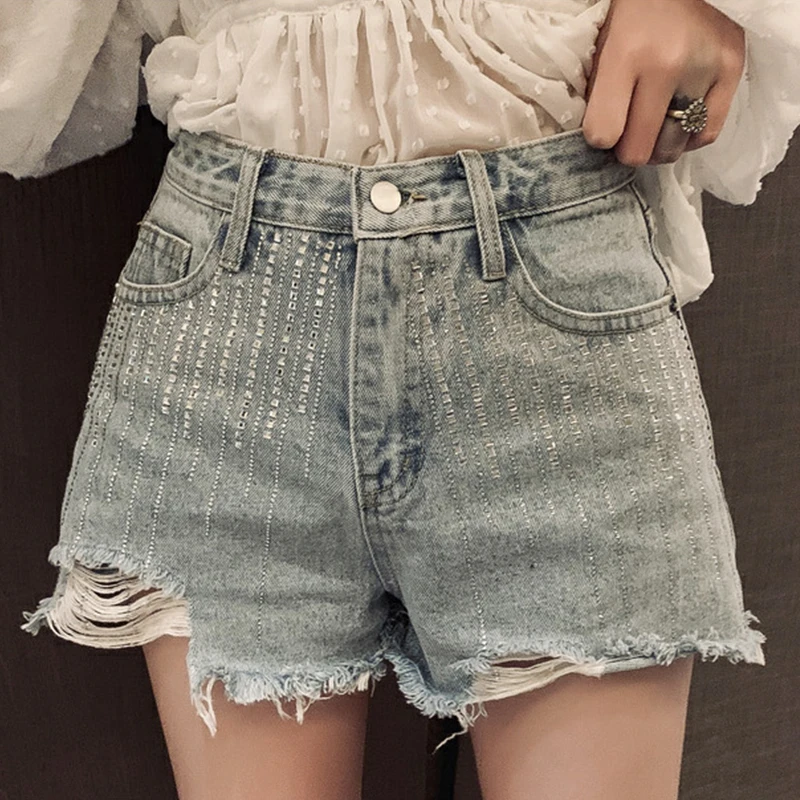 

Sequined Striped Hole Denim Shorts Women Button Plus Size Jeans Woman Shorts Feminine Wide Leg Loose Summer Beach Jean Short