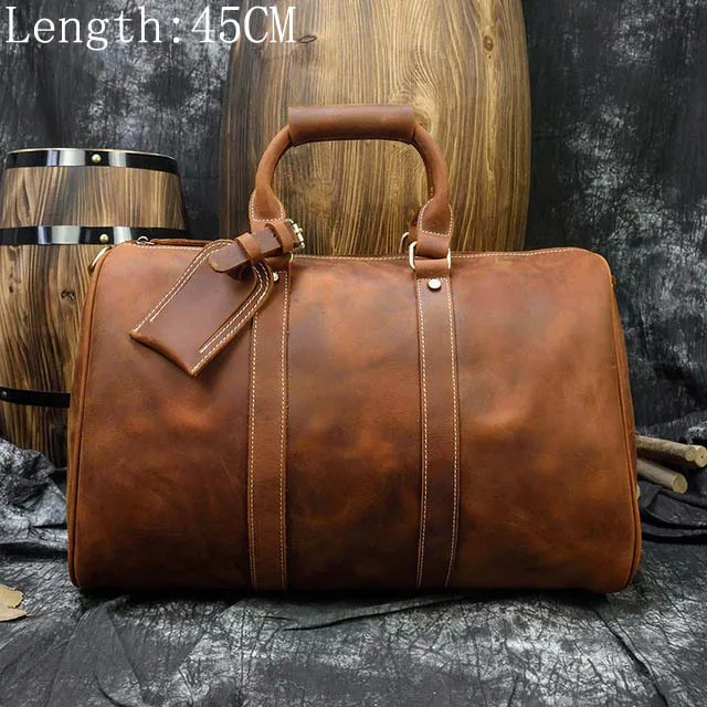 brown3 (45cm) Мужские модельные туфли из натуральной кожи с дорожная сумка для путешествий с большой Ёмкость прочный Crazy Horse кожа коровы большие сумки на ремне для уик-энда багажные сумки из натуральной кожи - Цвет: brown3 (45cm)