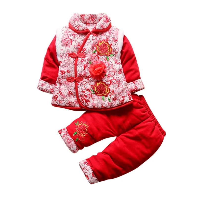Новая теплая одежда с длинными рукавами для девочек, пальто с вышитым цветочным узором, штаны, брюки, повседневная утепленная одежда