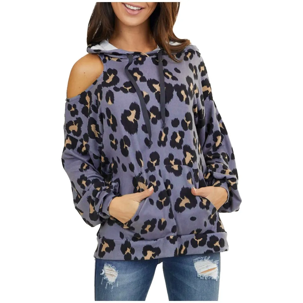 Women Leopard/star/tie-dye Print Sweatshirts Sexy Shoulder Long Sleeve Pocket Drawstring Hoodie Pullover Tops Mujer De Moda