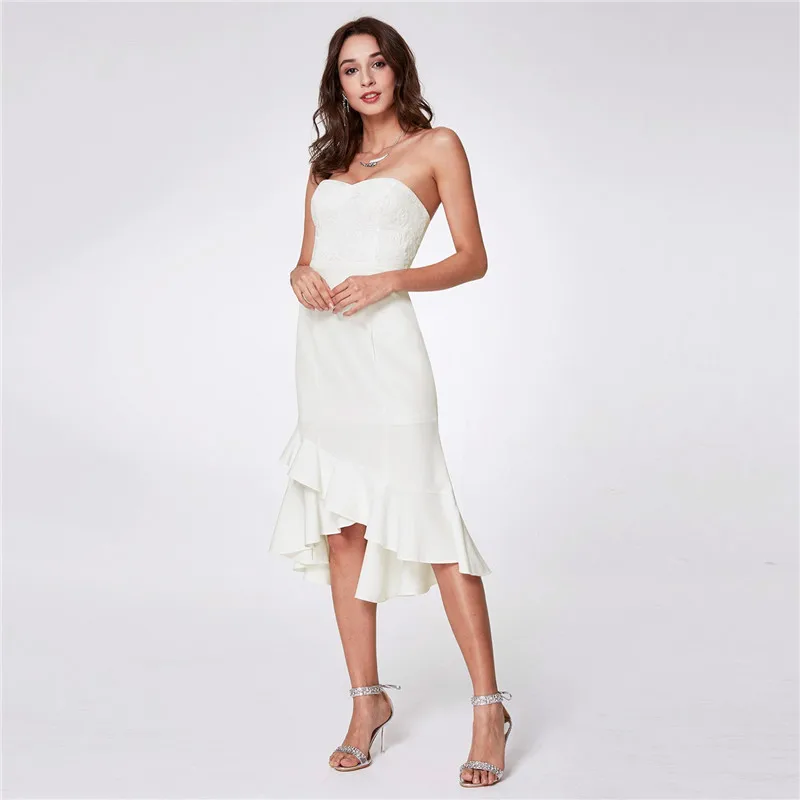 Skyyue Sleeveless Prom Elegant Dresses Solid Asymmetrical Strapless Vestidos De Gala Lace Knee-Length Dresses Women Party C413