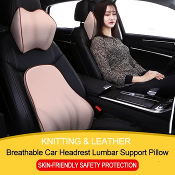 

JINSERTA Leather & Knitting Car Pillow Headrest Lumbar Support Pillow Auto Seat Cushions Accessories for Car Relieve Fatigue