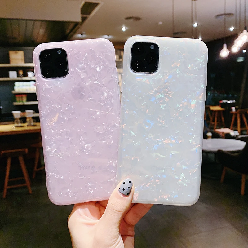 

Glossy Marble Conch Shell Phone Case For iphone 11 Pro Max Case Soft IMD 6 7 8 Plus X XS Max XR Epoxy Glitter Bling Dream Cover