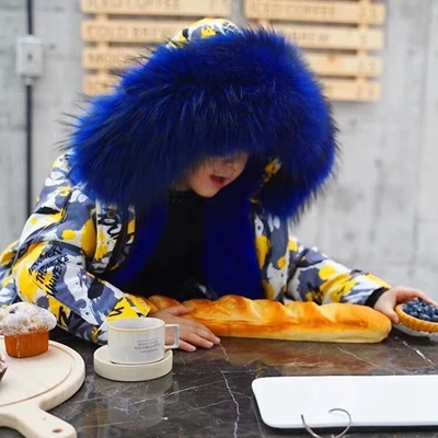 Yellow Royal Blue Зимние детские парки с натуральным мехом Куртка с граффити меховые куртки для мальчиков теплая одежда для девочек съемная подкладка из меха кролика - Цвет: Yellow Royal Blue