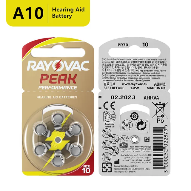 RAYOVAC PEAK 60 x Hearing Aid Batteries A10 10A ZA10 10 S10, 60 PCS Hearing Aid Batteries Zinc Air 10/A10 1