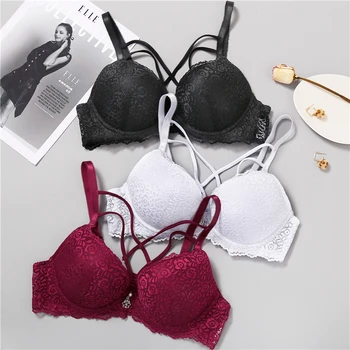 

Floral Bras Women Sexy Lace B C Cup FashionUnderwire Lingerie Bralette Sexy V-neck Solid Color Chest Bra New Sponge Soft