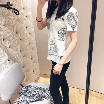 

Women T-shirt 2019 Spring and Summer New Ink Embroidery Round Neck Contrast Color Short-sleeved T-shirt