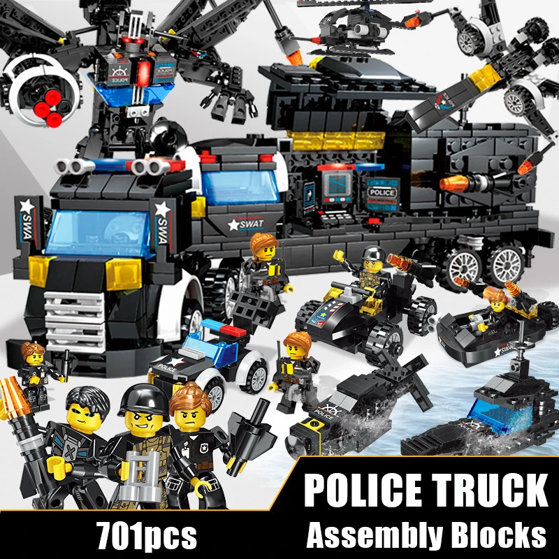 

City Police Station SWAT Truck Building Blocks Model Sets Ship Helicopter Vehicle Technic Legoness Modern War Toys for Children