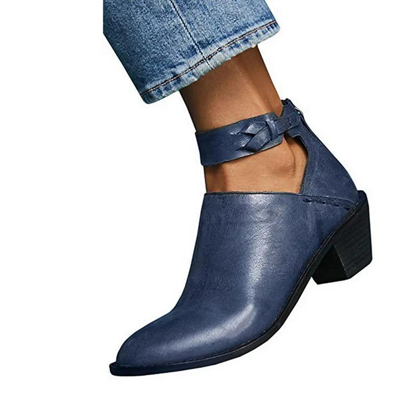

Adisputent Ankle Boots Leather Stitch Fashion Buckle Strap Back Zipper Cut Out Ladies Shoes Woman Casual Booties