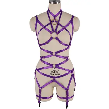 

Fashion Purple Lingerie Set Full Body Bondage Belt Women Strappy Pius Size Elastic Tops Club Prom Gothic Garter Belts Harness