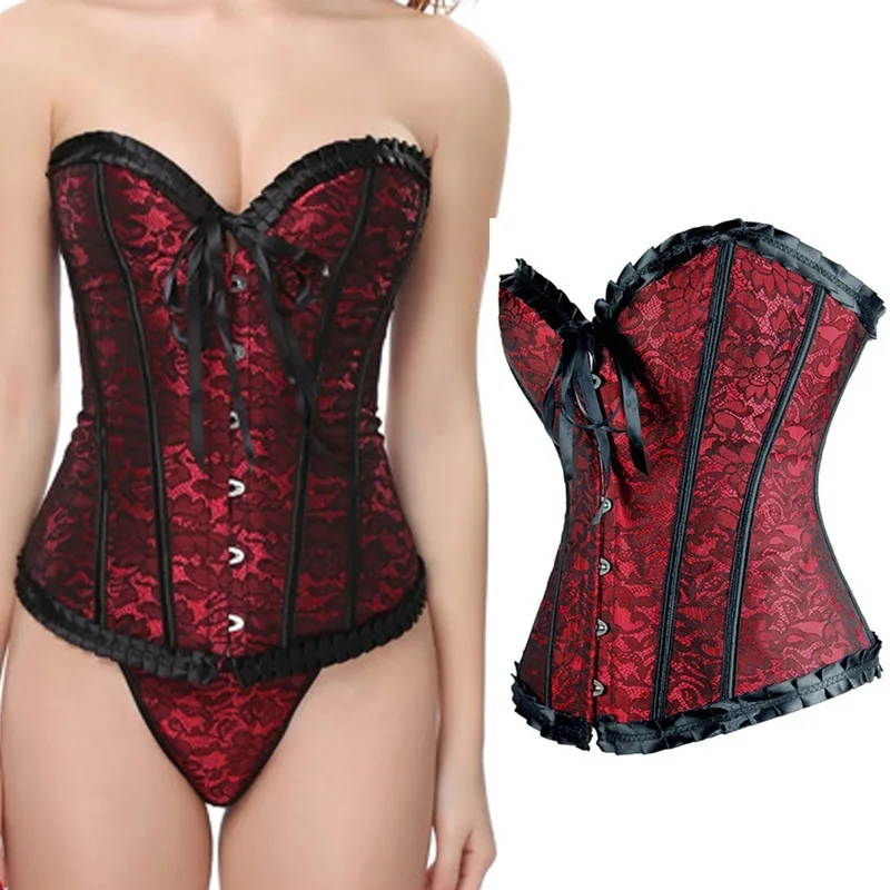 Günstige Korsett Lace Up Bustier Plus Größe Korsett Für Frauen Jacquard Floral Gothic Gorset Sexy Ohne Knochen Korse Busk Solide Korset Outfit