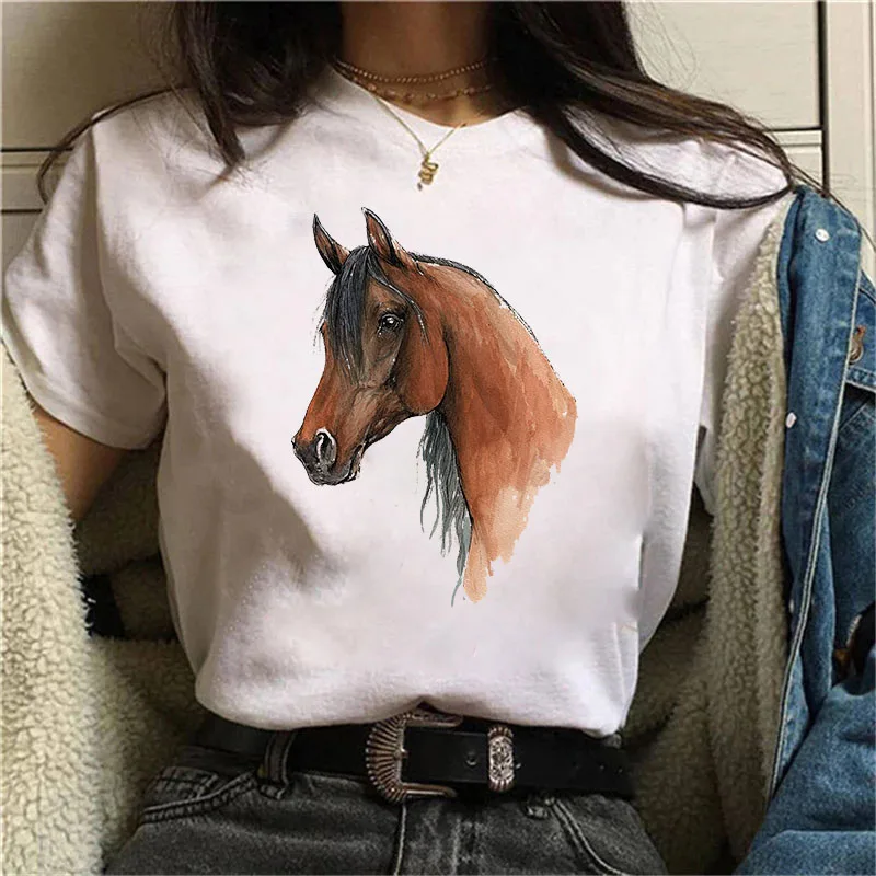 Camisetas de caballo de acuarela para Mujer, camiseta blanca, Camisetas estampadas de estética de manga corta de poliéster, Camisetas femeninas
