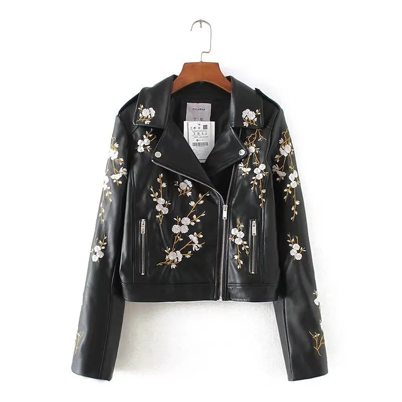 

17 Years Autumn New Style Europe And America Machine Embroidery Short PU Leather Jacket Long Sleeve Locomotive Leather Coat Wome