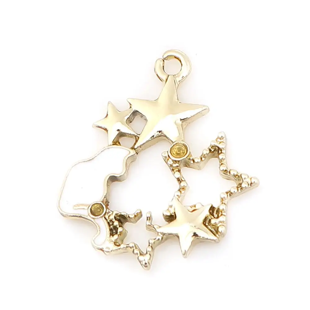 White Doreen Box, цинковый сплав, амулеты, нерегулярные Golde Cat Star Стразы, белые/Голубые эмалированные Подвески 21 мм(7/") x 18 мм(6/8"), 10 шт - Окраска металла: White