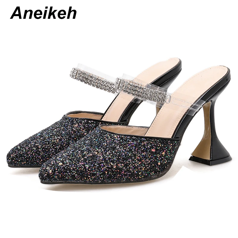 Aneikeh; модные женские туфли-лодочки с блестками; элегантные туфли на высоких каблуках со стразами и острым носком; свадебные туфли; туфли-лодочки на шпильках с ремешком на пятке; размер 42