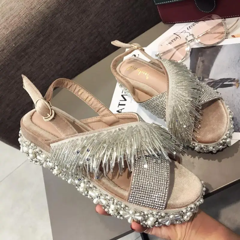 

Woman Shoes Luxury Glitter Slides Slippers Platform On A Wedge String Bead Shose Women Designer Jelly Summer 2019 Flat Sliders