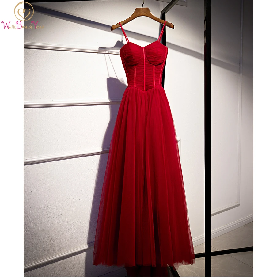 Prom Dresses Long 2020 for Black Girl Burgundy Tulle Pleat Elegant Spaghetti Strap A Line V Neck Sweep Train Evening Formal Gown