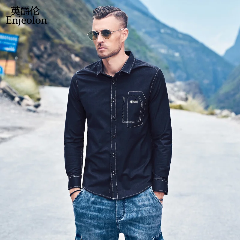 Enjeolon Men's Autumn Casual Long Sleeved Turn-down Shirt 2019 New Embroidered Shirt Black Shirt Men Clothes Plus Size CX2271-1 Enjeolon Men's Autumn Casual Long Sleeved Turn-down Shirt 2019 New Embroidered Shirt Black Shirt Men Clothes Plus Size CX2271-1