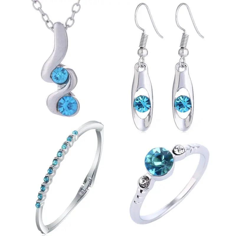 

Fine jewelry 925 sterling silver for ladies wedding four-piece blue crystal suit necklace earrings bracelet ring set yw029