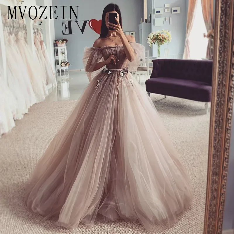 

2019 New Listing Evening Dress Long Off The Shoulder Sleeve 3D Flower Floor Length Evening Dresses Formal Gowns Vestidos