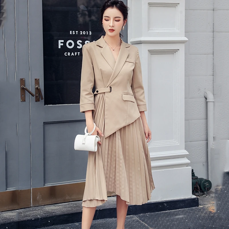 Notched Neck Pleated Dress Women Autumn Winter Casual 3/4 sleeve A-line Dresses office OL Wear To work Business Vestidos