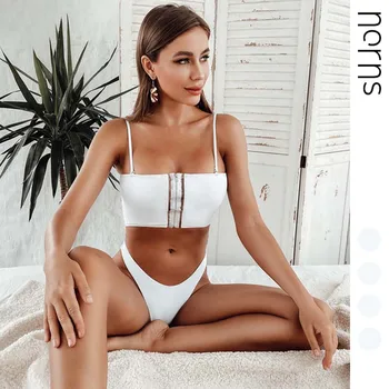

Norns Swimsuit European and American White Transparent Stitching Bikini Zipper Solid Color Swimsuit Split Swimsuit