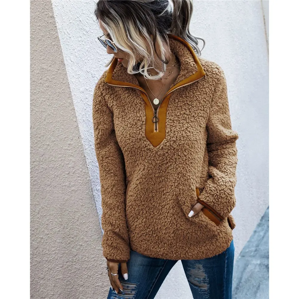 Женский свитер из шерпы, плюшевый флисовый пуловер на половинной молнии, флисовые топы, Женское зимнее теплое пальто, Свитера Тедди - Цвет: camel