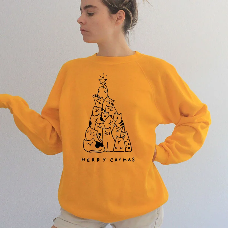 Merry Catmas Рождественская елка Графический свитер для женщин с круглым вырезом Kawaii Cat Harajuku Толстовка для девочек пуловеры осенняя одежда Прямая поставка