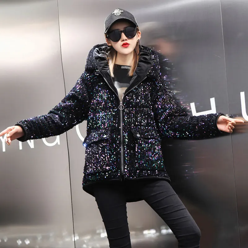 Зимняя парка куртка Женская мода блестки Хлопок пальто корейский нерегулярный подол большой размер тонкий с капюшоном Стеганое теплое Женское пальто 29 - Цвет: multicolor