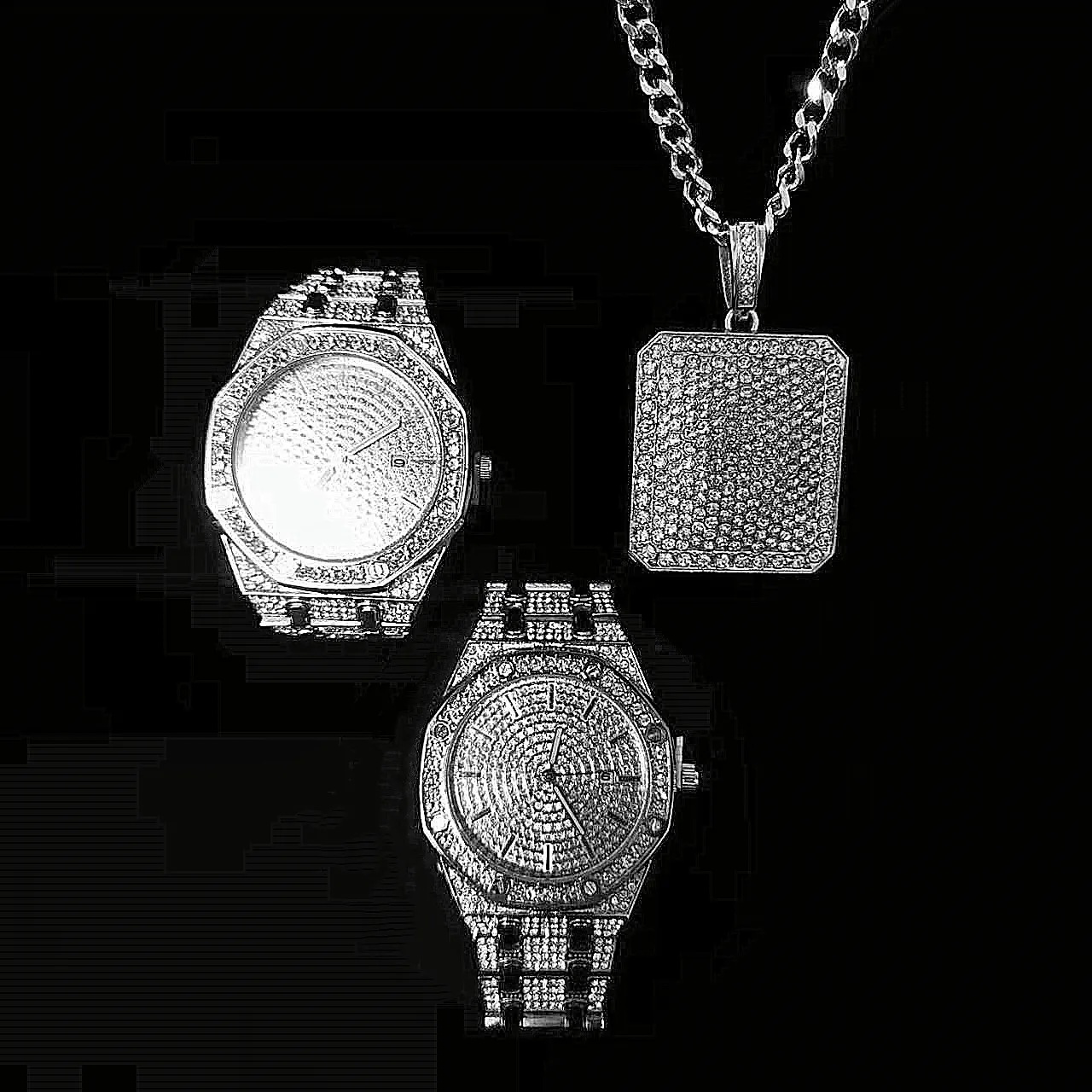 Iced Out Watch bracelet Necklace for Men 3pcs Luxury Diamond Watch Men Bling Hip Hop Jewelry Set Mens Gold Watch Quartz Relogio