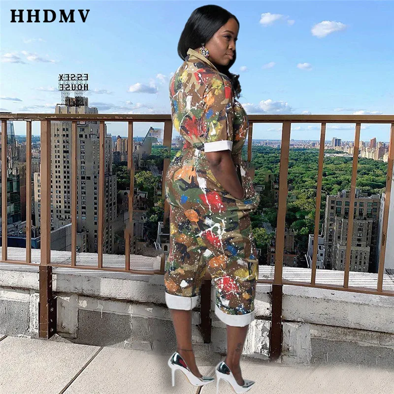 HHDMV YH5075 Летние Стильные комбинезоны в стиле хип-хоп с короткими рукавами и лацканами, Свободные Комбинезоны с карманами на молнии и принтом, длинные штаны