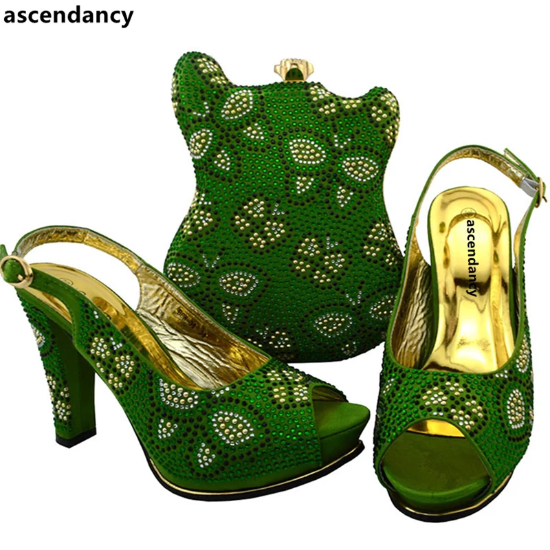 

Latest Green Color Italian Shoes with Matching Bags Rhinestone Wedding Shoes Italian Shoes and Bags To Match Shoes with Bag Set