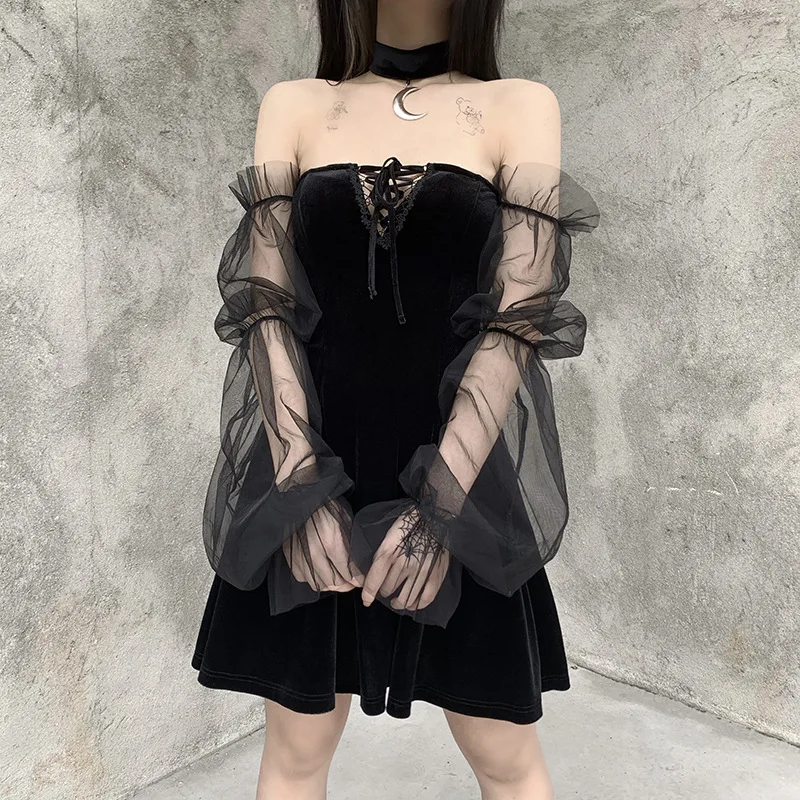 Женское облегающее платье Goth в стиле панк черное с открытой спиной и длинным