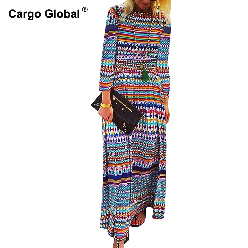 

Autumn 2019 Women Round-Collar Fashionable Long-Sleeved Printed Dress Casual Elegant Long Dress Vestidos